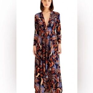 FARM Rio Blue Nature Beauty Vibrant Long Sleeve Maxi Dress NWT